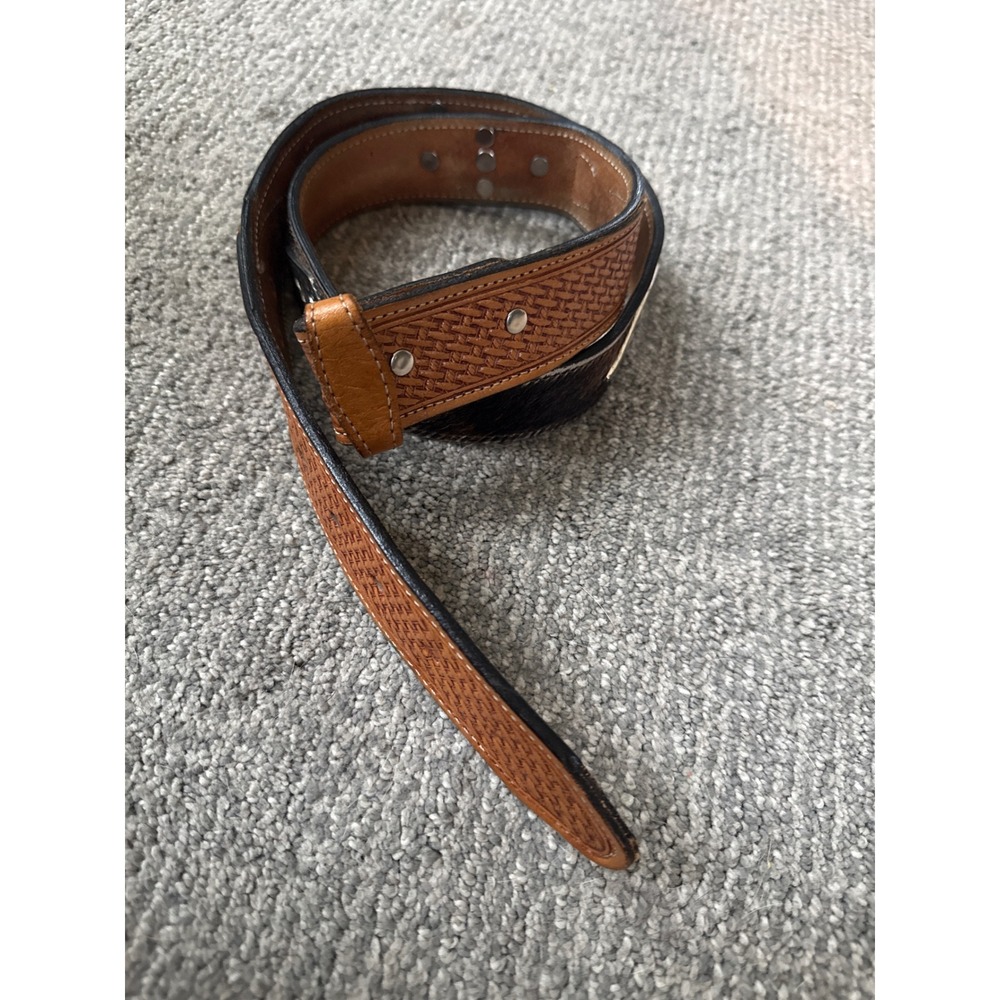 Western Basketweave Leather Belt Brown Cowhide Hair concho Diamond 7098-17